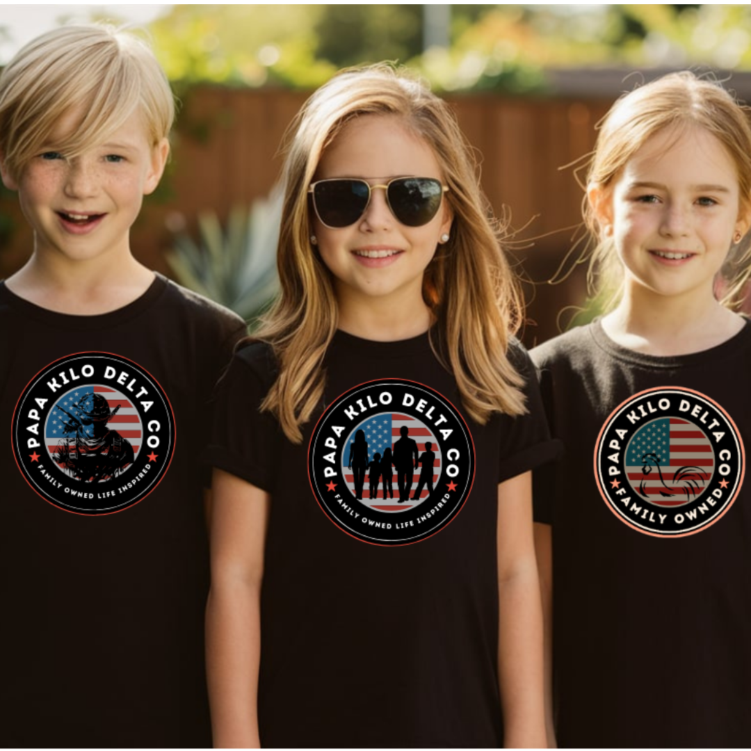 a picture of three children each wearing a different version of the papa kilo delta brand logo. 